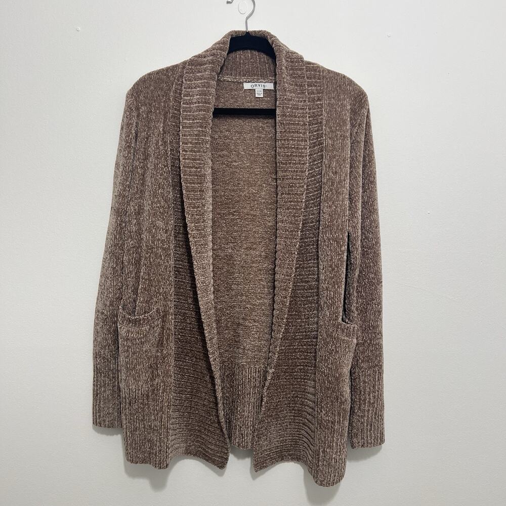Orvis Cardigan Women S Brown Chenille Knit Open Front Pockets Soft Cozy Cardigan